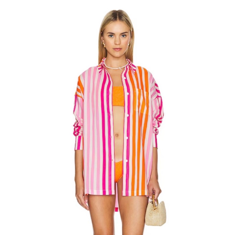 BEACH RIOT Alexa Top in Sunset Stripes Pink Orange Button Up